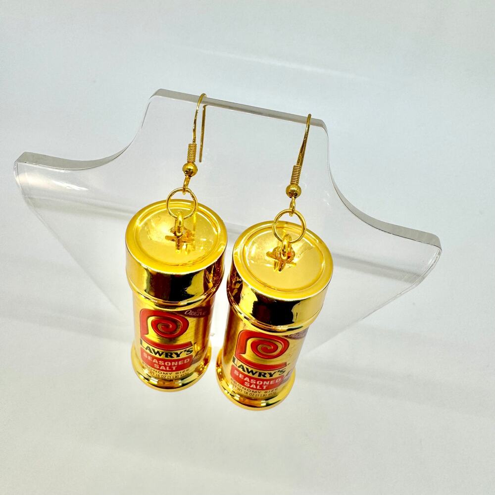 Gold Lawry’s Seasoning Earrings - Metallic Spice Dangles - Bold Foodcore Flair - Picture 6 of 8